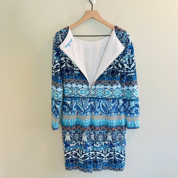 ANTONIO MELANI Blue Scuba Sheath Dress Womens Size 6 Abstract 3/4 Sleeve Work - Picture 5 of 9